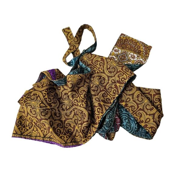 Retro Reversible Halter Crop Top Womens OS Silk Blnd Tie Back Blue Gold - Picture 7 of 11